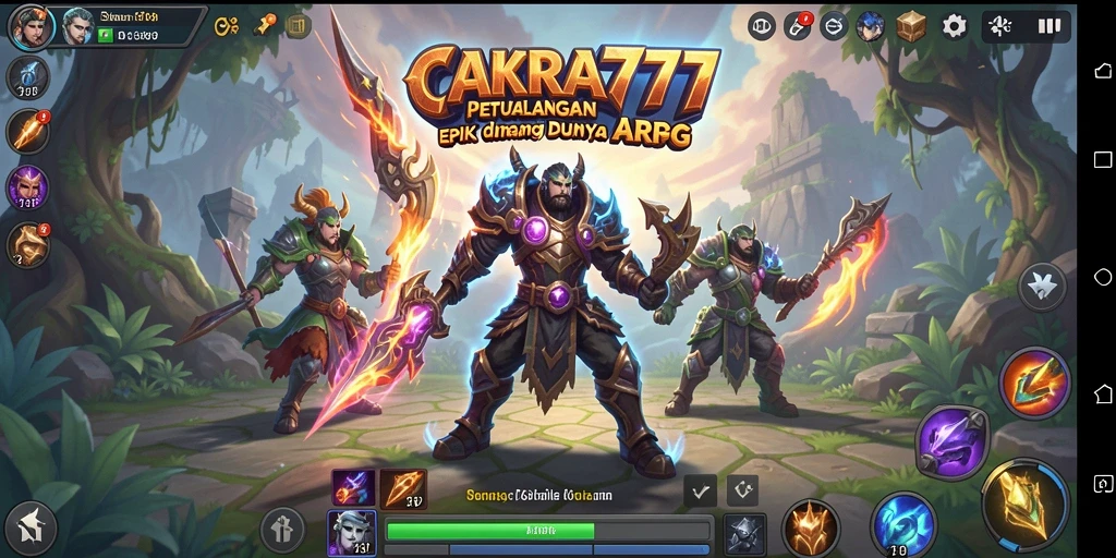 Tampilan gameplay CAKRA777 dengan aksi pertempuran seru dan karakter unik.