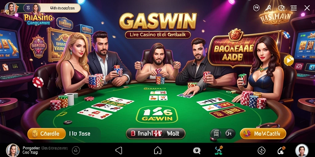 Screenshot gameplay GASWIN menampilkan dealer langsung dan suasana kasino yang autentik.