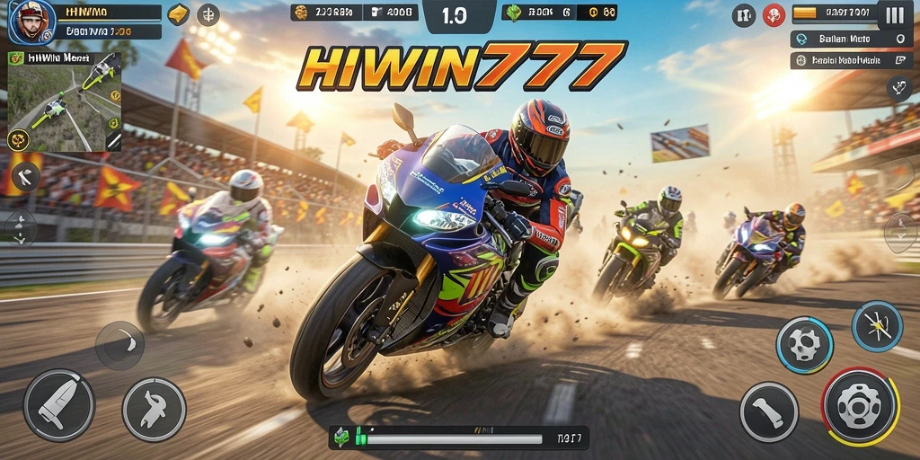 Screenshot gameplay <strong>HIWIN777</strong> menampilkan balapan motor yang seru dan menegangkan.