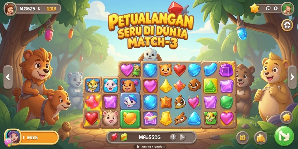 Screenshot MG525 menunjukkan gameplay Match-3 yang menegangkan dan penuh warna.